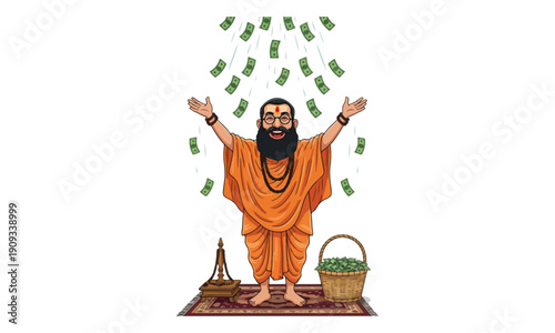 Happy Hindu Sadhu Receiving Raining Money Standing on Rug Illustration