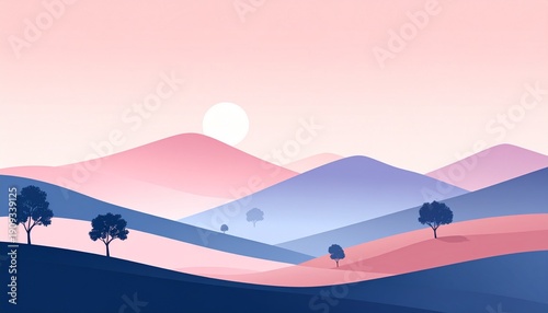 Dreamy mountain landscape with full moon and soft gradient sky at dusk