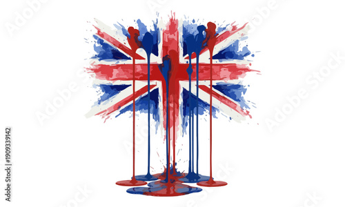 Union Jack Flag Watercolor Splatter with Dripping Red Blue Paint
