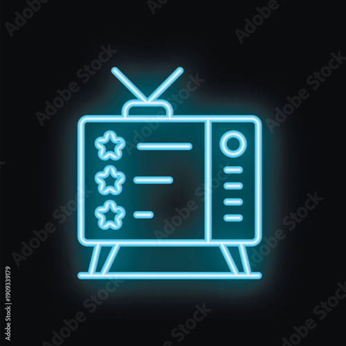 Blue glowing neon icon of a retro tv showing rating stars, representing the concept of television ratings