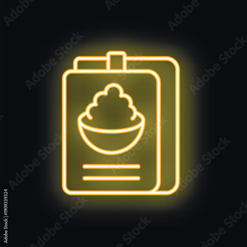 Yellow neon sign representing a menu card with a bowl of food, alluding to restaurant advertising and marketing