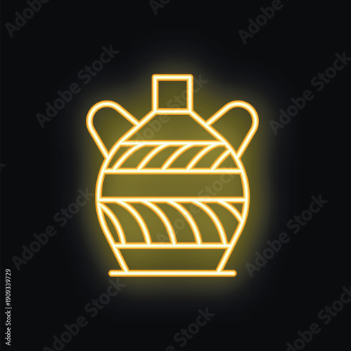 Glowing yellow neon sign depicting a traditional amphora vase, perfect for projects related to ancient history, pottery, or design