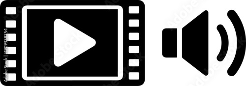 Play button on film strip with sound waves