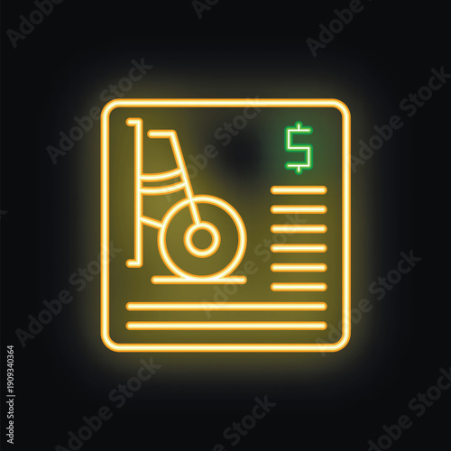 Glowing neon icon of a bicycle sharing app with a price tag, illustrating the concept of paid urban mobility