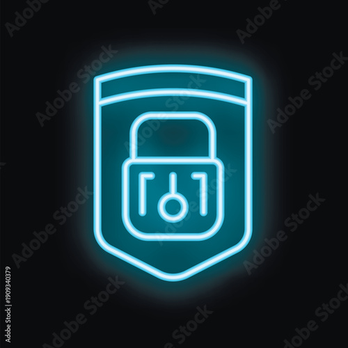 Blue neon cyber security shield protecting digital information with lock icon glowing on a black background