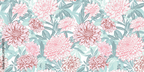 Soft seamless vector floral pattern featuring pink chrysanthemum blooms and sage green leaves on a white background. Elegant botanical design for textiles, wallpaper, and decor