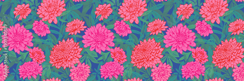 Seamless vector floral pattern with vivid pink and coral chrysanthemums and lush green leaves on a deep blue background. Bold botanical design for fabrics, wallpaper, and decor
