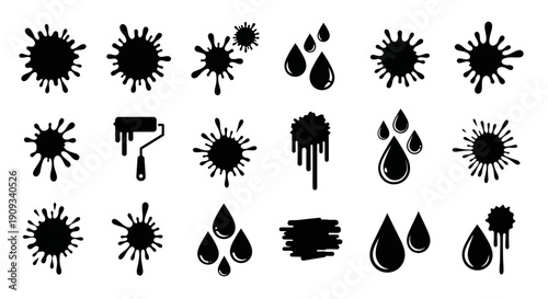 Black Ink Splatter and Drips Collection: Paint Roller, Drops, Brush Strokes