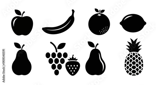 Black Silhouette Fruit Icons: Apple, Banana, Orange, Lemon, Pear, Grapes, Strawberry, Pineapple