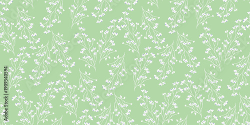 Seamless vector pattern with delicate white floral branches on soft green background. Elegant botanical design for spring textiles, packaging, wallpaper, and wedding decor