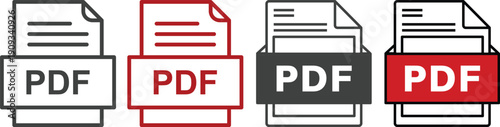 PDF file format icon set collection with document, download arrow, printer, file page and label symbols isolated on white background vector illustration for digital document.