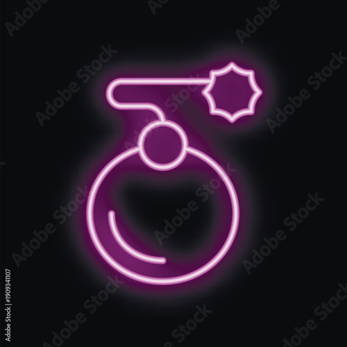 Purple neon sign of a round bomb with burning fuse exploding on black background