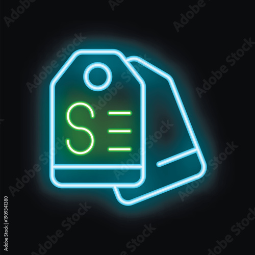 Glowing neon icon of two price tags with a dollar sign for sales and promotions