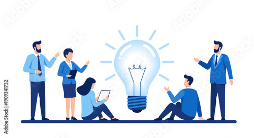 Business Team Brainstorming and Developing Innovative Ideas Around Giant Lightbulb