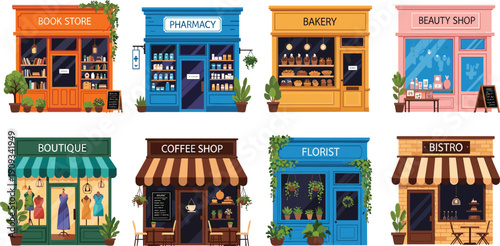 Flat vector illustration of small business storefronts including bookstore bakery pharmacy coffee shop and florist, cad drawing flat vector illustration