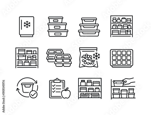 Kitchen food storage. Line outline icon set of Kitchen food storage: freezer appliance, labeled containers,