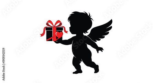 Silhouette of a winged cherub holding a gift with a red ribbon