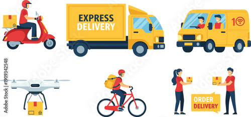Express delivery service icons set with shipping truck package logistics and courier concepts for commerce, cad drawing flat vector illustration