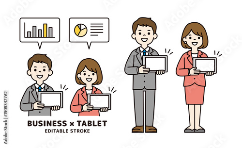 タブレットの画面を見せて接客する若いビジネスパーソンの上半身・全身ベクターイラスト素材セット