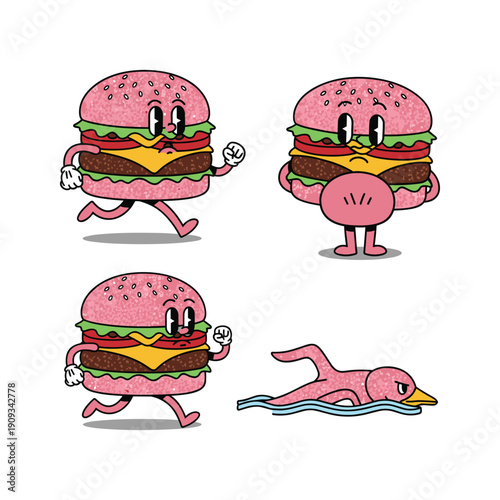 Cartoon burgers and bird exercising in a fun and playful style
