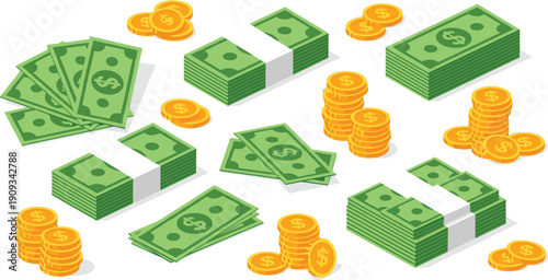 Isometric money icons set featuring gold coins dollar banknotes wallet and credit cards for financial design, cad drawing flat vector illustration