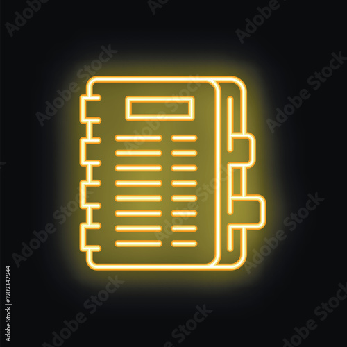 Bright yellow neon sign of a personal notepad glowing on a black background