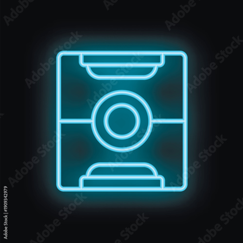 Neon blue icon depicting a floppy disk is glowing on a black background