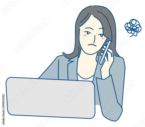 スマホで電話しながら考え込むスーツの女性の線画