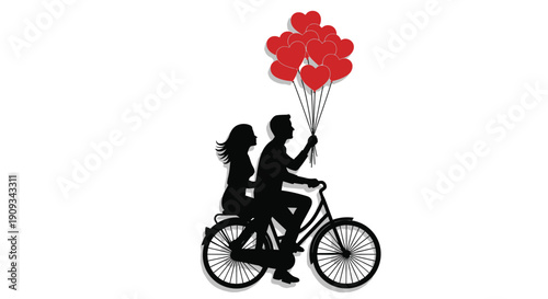 Silhouette of a couple riding a bicycle with a bouquet of heart shaped balloons