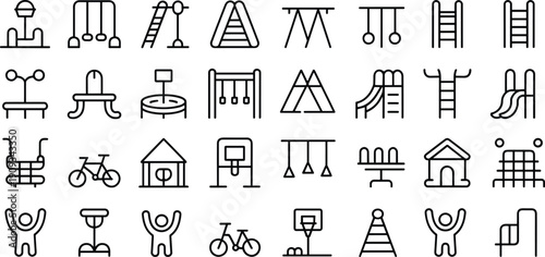 Outdoor Children's Playground Equipment Line Icon Set Featuring Swings Slides Climbing Frames Sandboxes Bicycles and Park Recreation Activity Outline Design Symbols