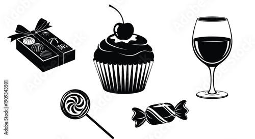 A collection of sweet treats including chocolate cupcakes and wine