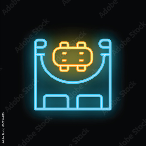 Neon sign illuminating the night representing a skate park infrastructure with a half pipe and a skateboard for skateboarding amateurs