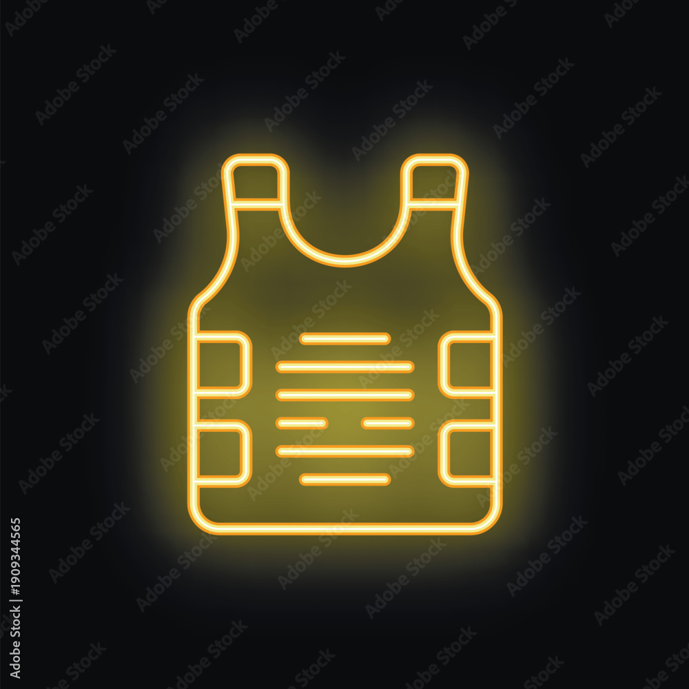 Obraz premium Yellow neon icon of a bulletproof vest glowing on black background, concept of security or protection