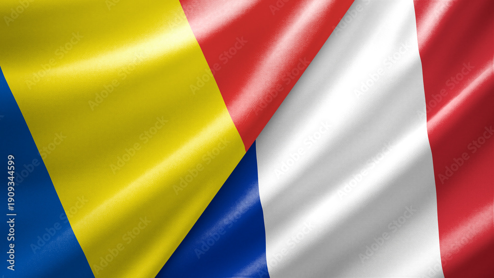 Obraz premium Romania and France two national flags filling the entire frame, close-up view, edge-to-edge composition