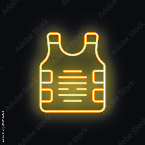 Yellow neon icon of a bulletproof vest glowing on black background, concept of security or protection