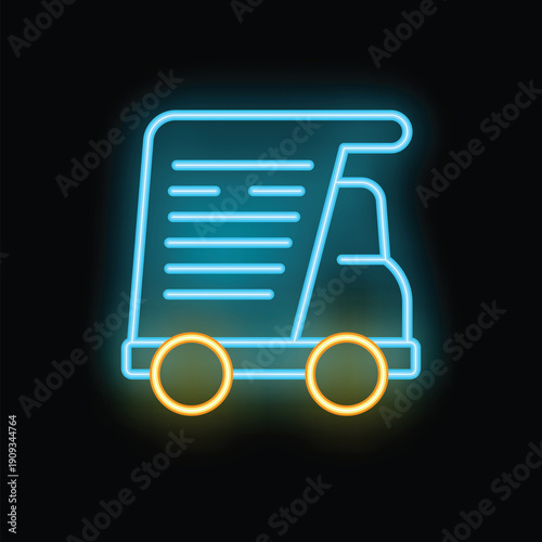 Vibrant neon sign illuminating a tipper truck against a dark backdrop, radiating a captivating blue and yellow glow