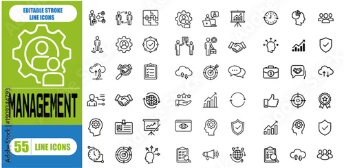 project management icon set. Containing Risk Assessment, Scope, Timeline, Deliverable, Milestone, Resource, Dependency