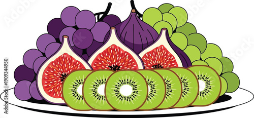 A colorful plate of fresh fruit including grapes watermelon and kiwi