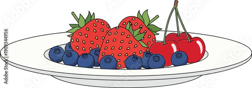 A plate of fresh strawberries and blueberries on a white background