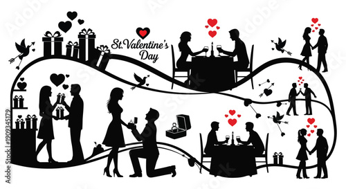 Silhouette illustration depicting romantic scenes for st valentine s day