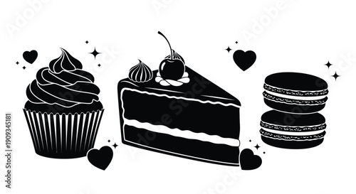 Black and white illustration of a cupcake macarons and slice of chocolate cake