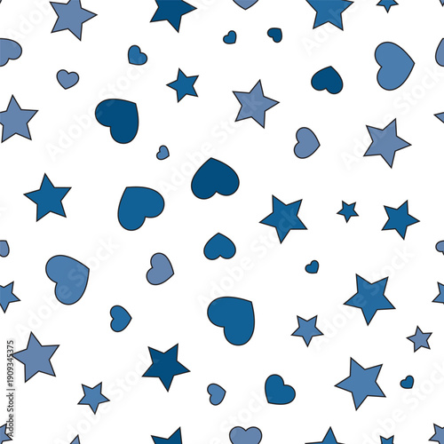 Seamless pattern with blue hearts and stars for shower or nursery wallpaper on a white background
