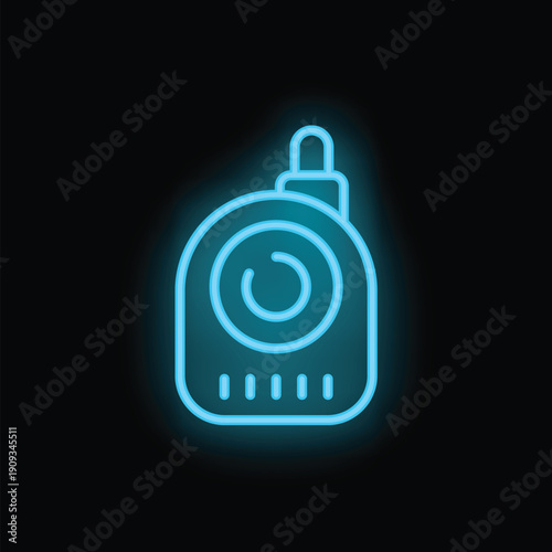 Blue neon icon of a baby monitor glowing on a black background