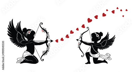 Two cupids with bows and arrows shooting a trail of hearts