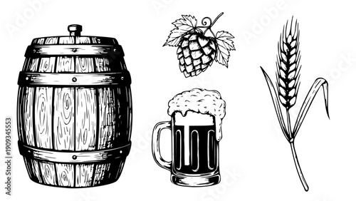 Vintage Brewery Set with Wooden Barrel Hops and Foamy Beer Mug