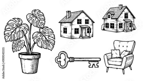 Vintage Real Estate Collection with House Silhouette Monstera Plant and Key