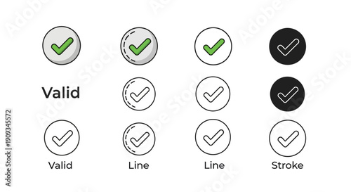 Check Mark Icons: Valid, Line, Stroke Styles - Green, Black, White
