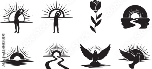 Silhouette icons of people and nature at sunrise moments