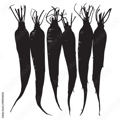 Cassava root silhouette vector depicting a tuberous root vegetable with smooth curves, clean lines, bold shape, scalable design, ideal for agriculture, food, and branding.