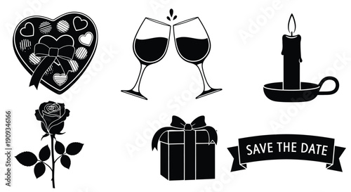 Valentine s day icons featuring hearts roses wine glasses and gifts